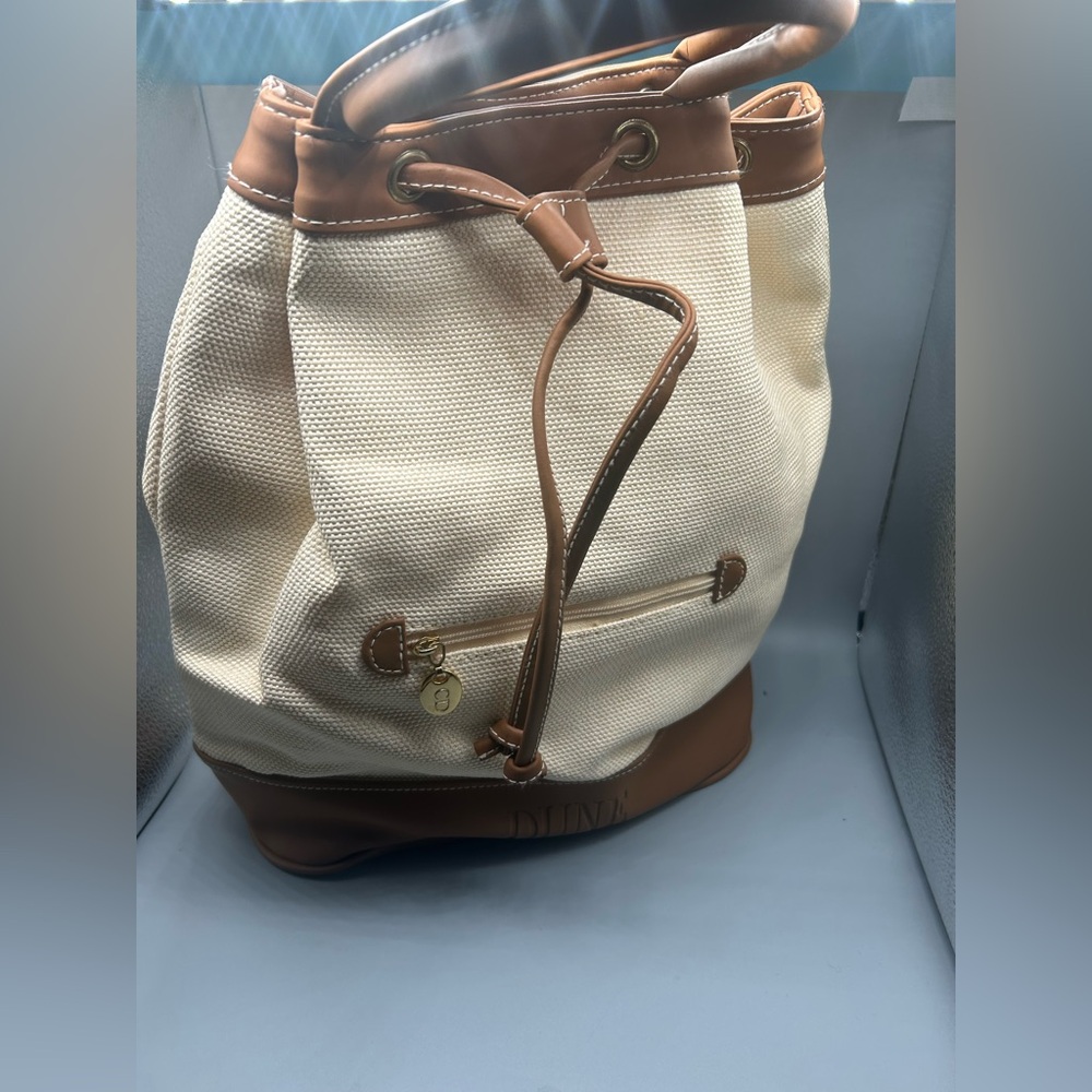 Dune  Canvas & Tan Leather Trim Drawstring Hobo Bag